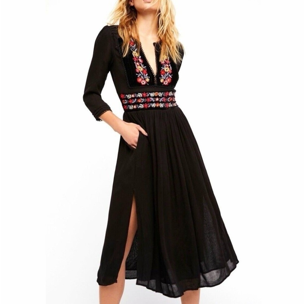 Free People Black Floral Embroidered Midi Dress S Vintage Hungarian Whimsigoth